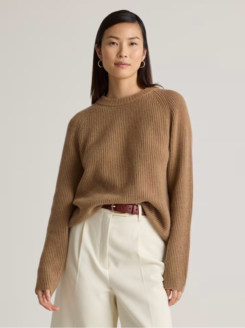Quince Ribbed Crewneck Sweater in Camel Brown
